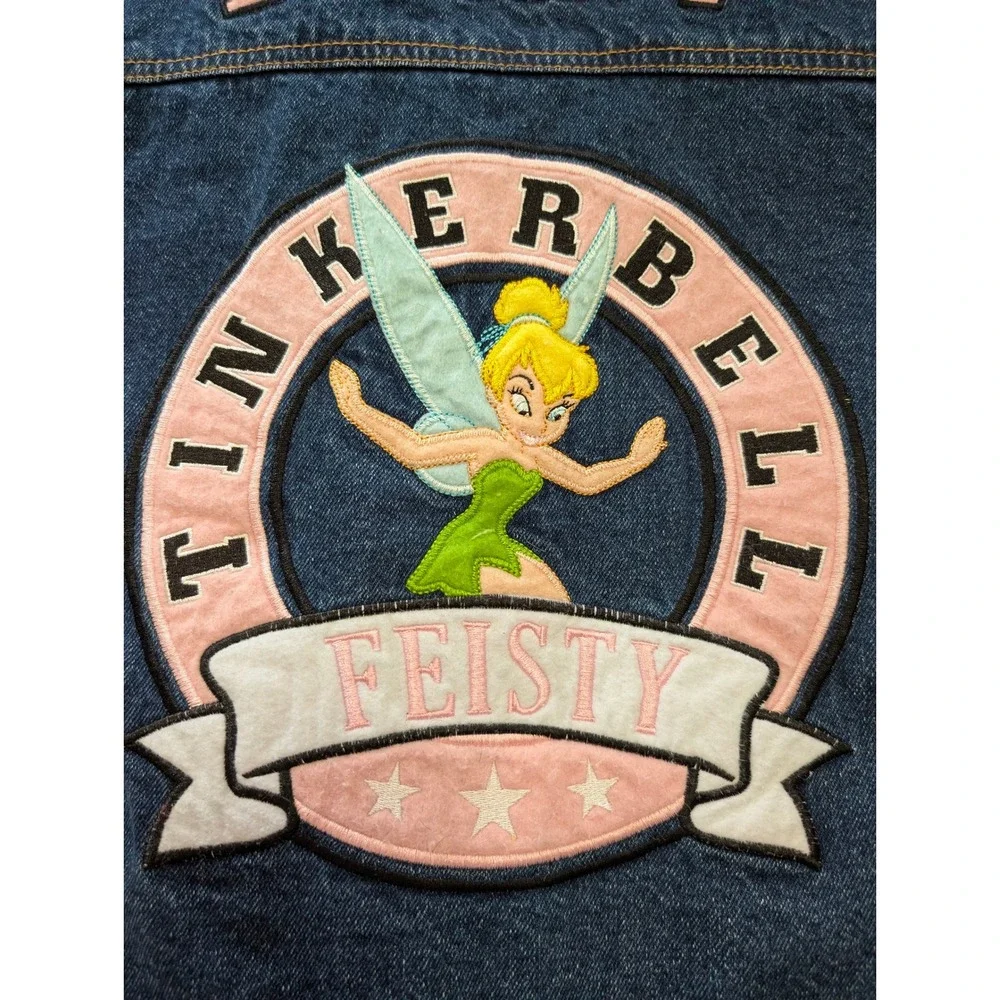 Disney Tinkerbell Feisty Denim Jacket Blue Sherpa Lined Y2K Medium Vintage Style - Picture 7 of 10